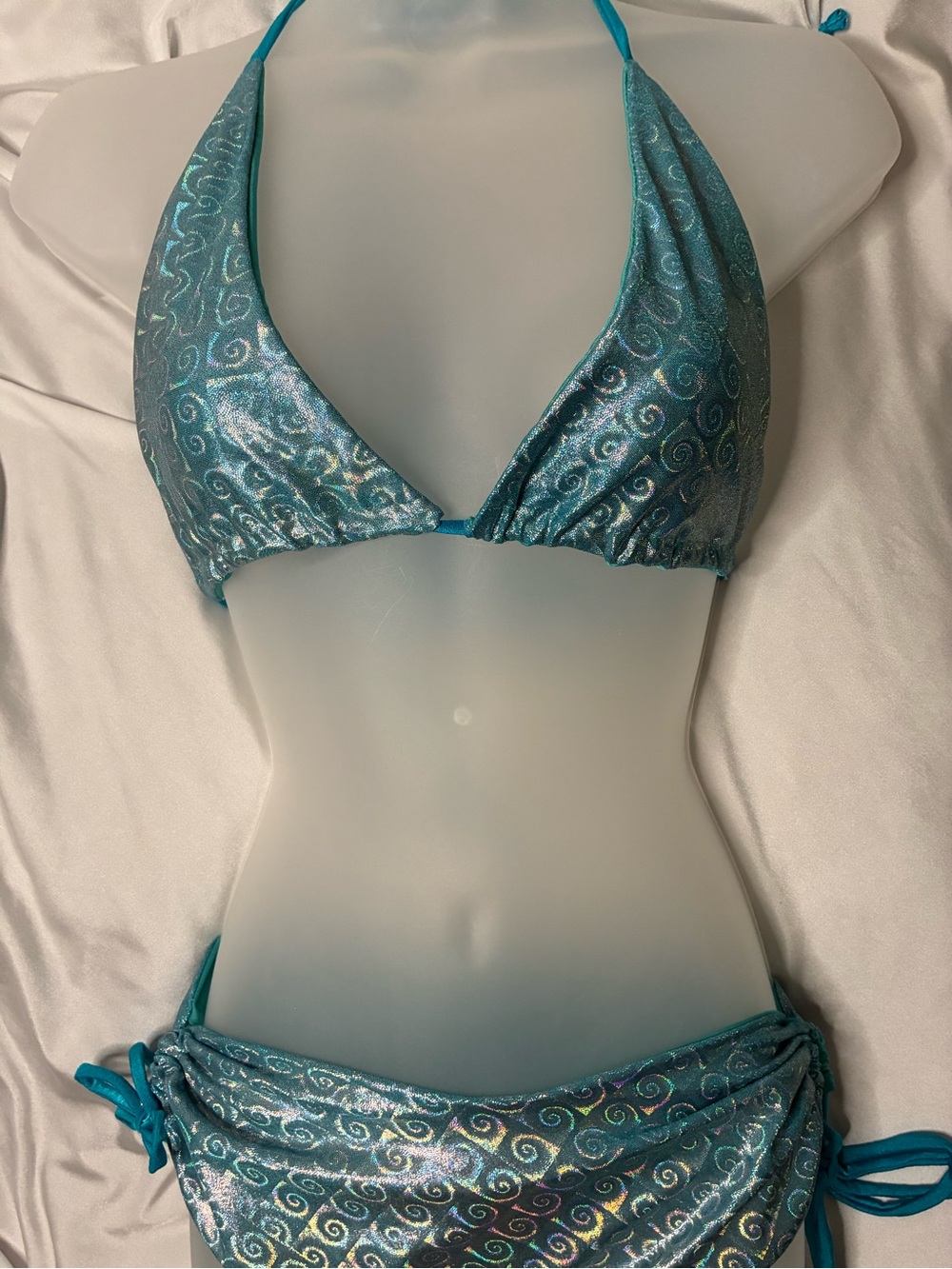 Turquoise Shimmer Triangle Bikini Top and Skirted Bottoms